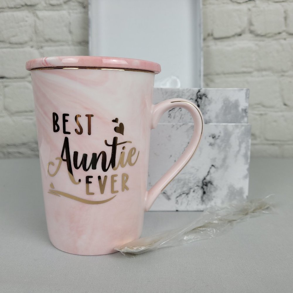 Pink Best Auntie Ever 14-oz Mug, Coaster and Spoon NEW in Gift Box